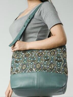 Boutique Turquoise Leather Elegantly Sequin/Beaded Bag Boho-Glam Resortware NWI